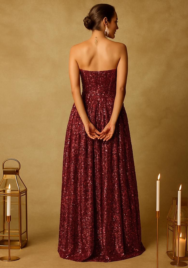 Maroon Sequins Embroidery Net Gown - Indya