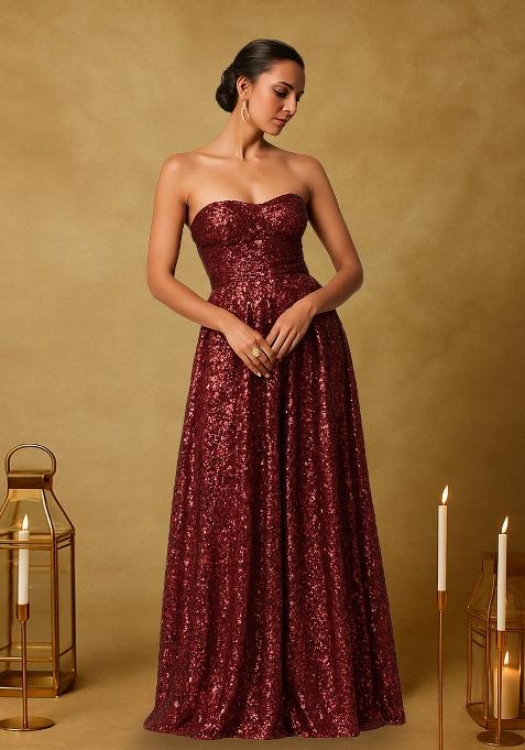 Maroon Embroidered Net Gown