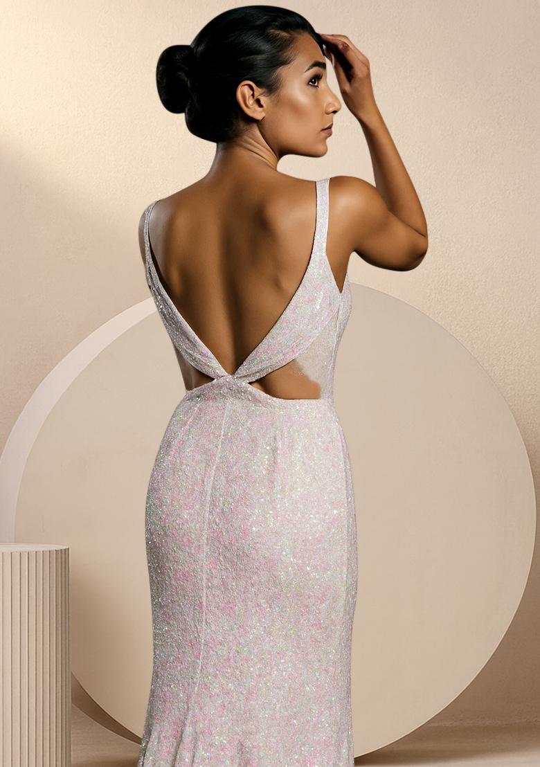 White Sequins Embroidery Net Gown - Indya