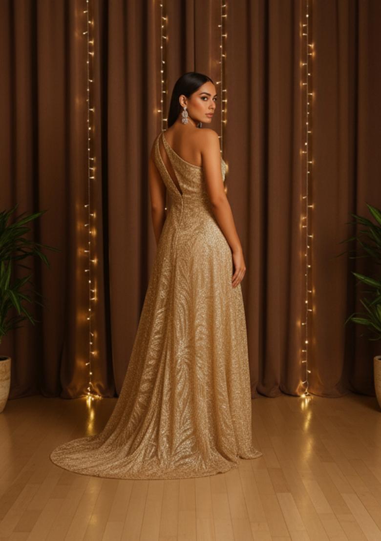 Golden Handwork Embroidery Net Gown - Indya