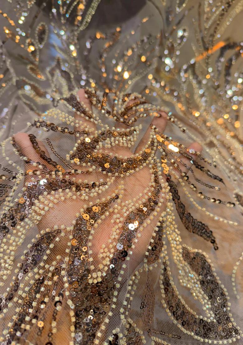 Golden Handwork Embroidery Net Gown - Indya