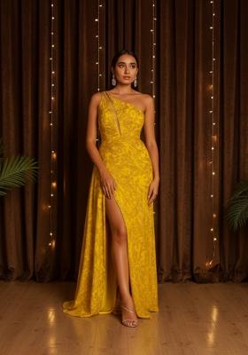 Yellow Handwork Embroidery Net Gown