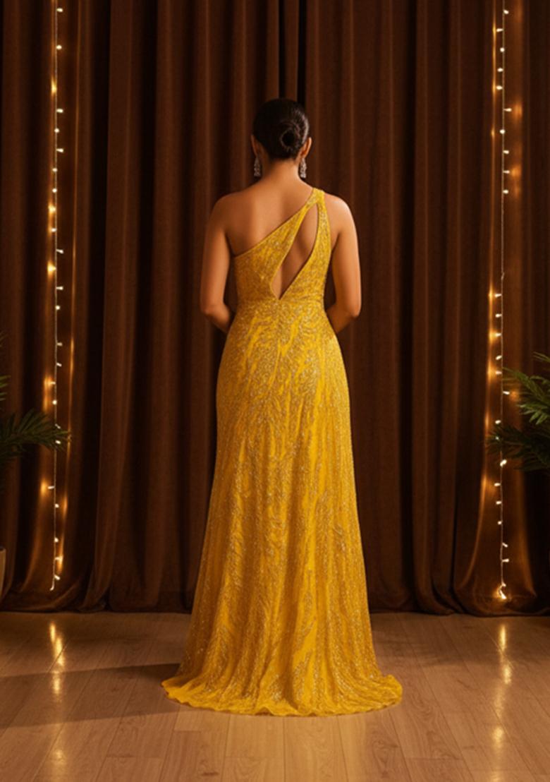 Yellow Handwork Embroidery Net Gown - Indya