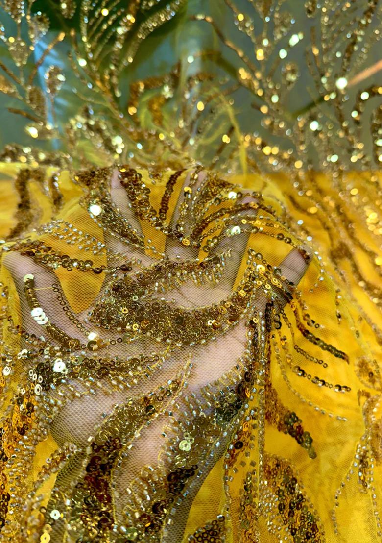 Yellow Handwork Embroidery Net Gown - Indya