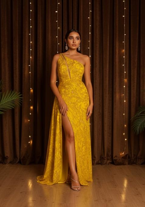 Yellow Embroidered Net Gown