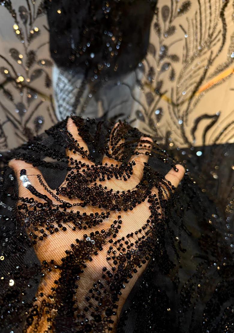 Black Handwork Embroidery Net Gown - Indya