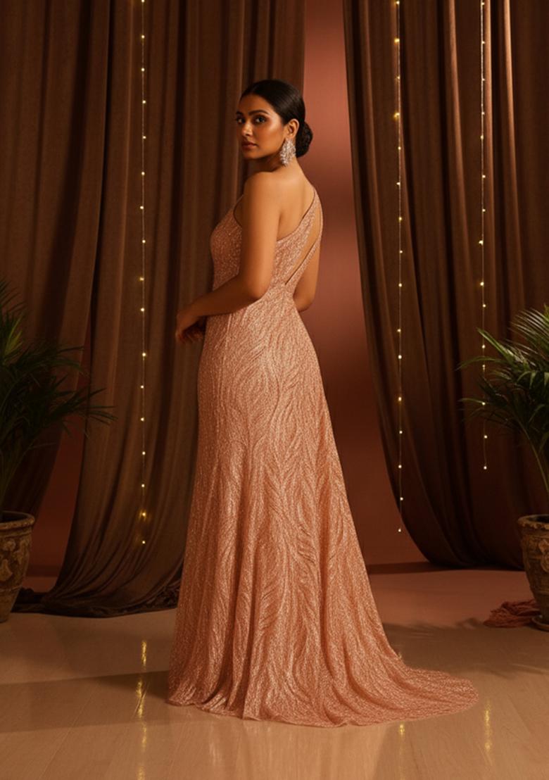 Pink Handwork Embroidery Net Gown - Indya