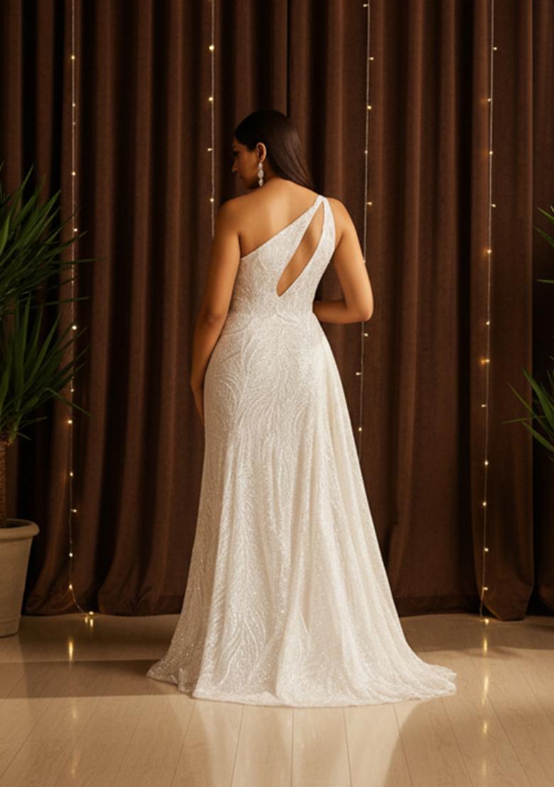 White Handwork Embroidery Net Gown - Indya