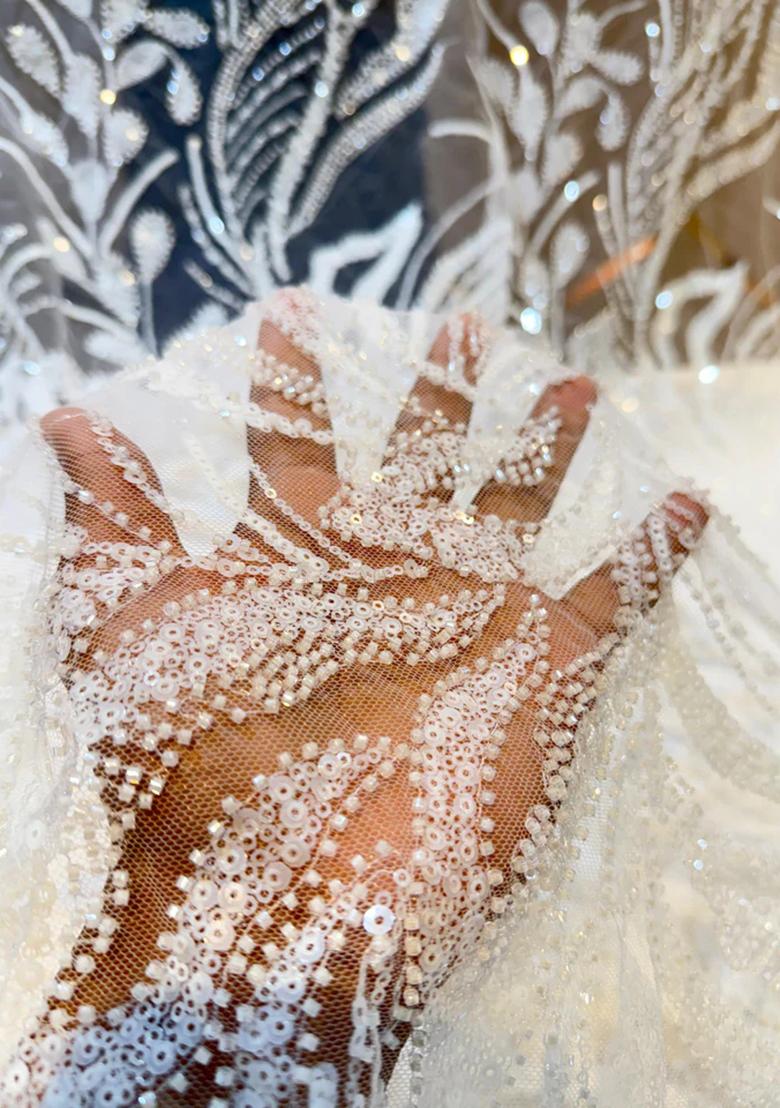 White Handwork Embroidery Net Gown - Indya