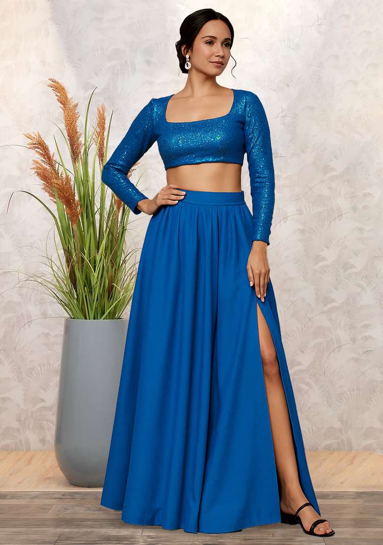 Blue Net Skirt Set with Embroidery & Sequins for Diwali | Wedding & Festive Wear - Indya