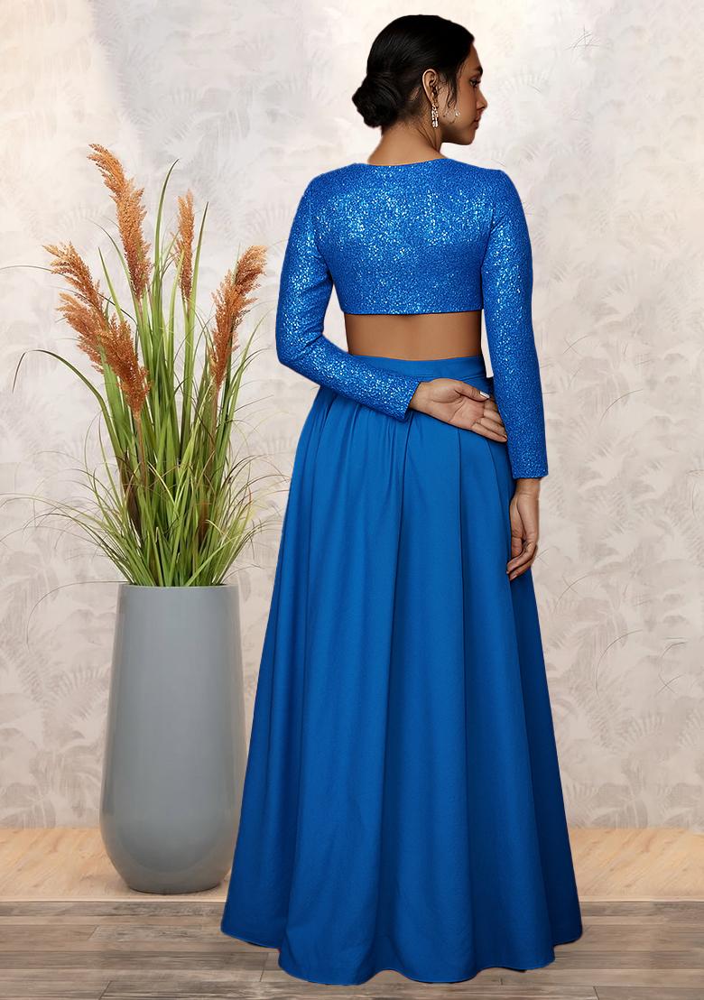 Blue Sequins Embroidery Net Skirt Set - Indya