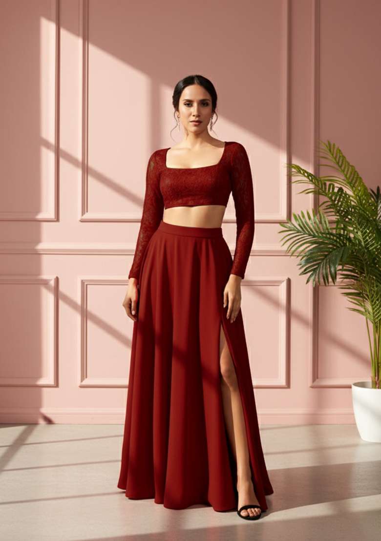 Maroon Sequins Embroidery Net Skirt Set for Diwali and Festive Wear - Indya