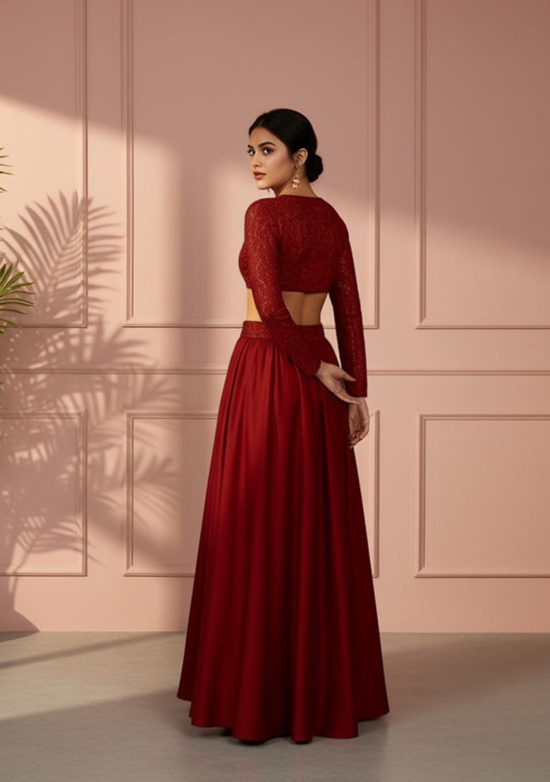 Maroon Sequins Embroidery Net Skirt Set - Indya