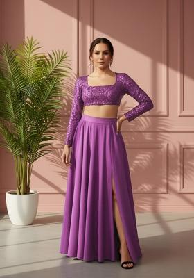 Lavender Sequins Embroidery Net Skirt Set