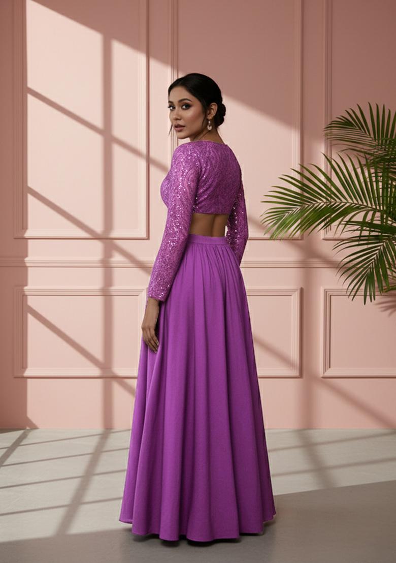 Lavender Sequins Embroidery Net Skirt Set - Indya