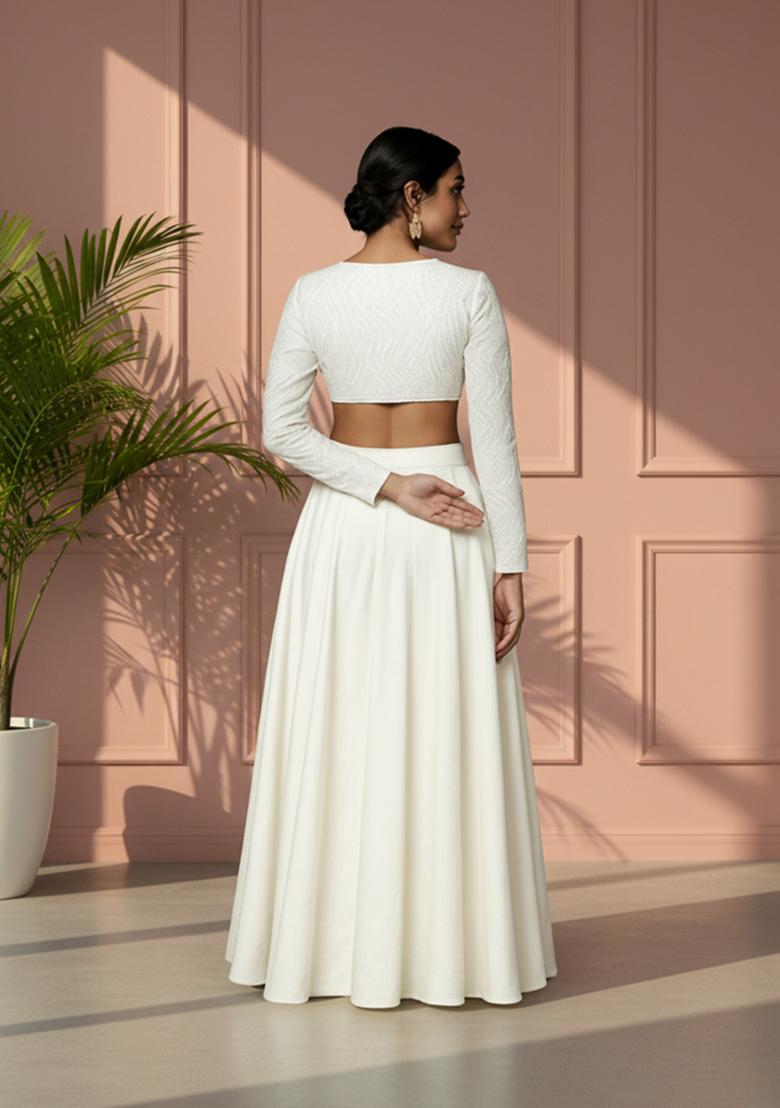 White Sequins Embroidery Net Skirt Set - Indya