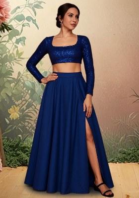 Blue Sequins Embroidery Net Skirt Set