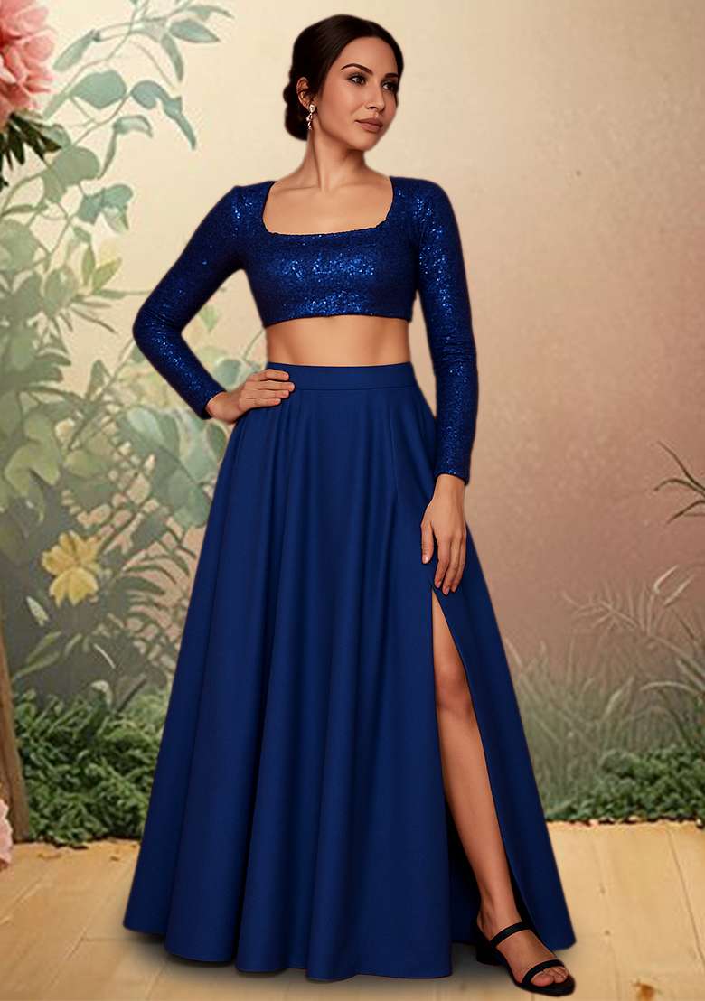 Blue Sequins Embroidery Net Skirt Set for Diwali and Festive Wear - Indya