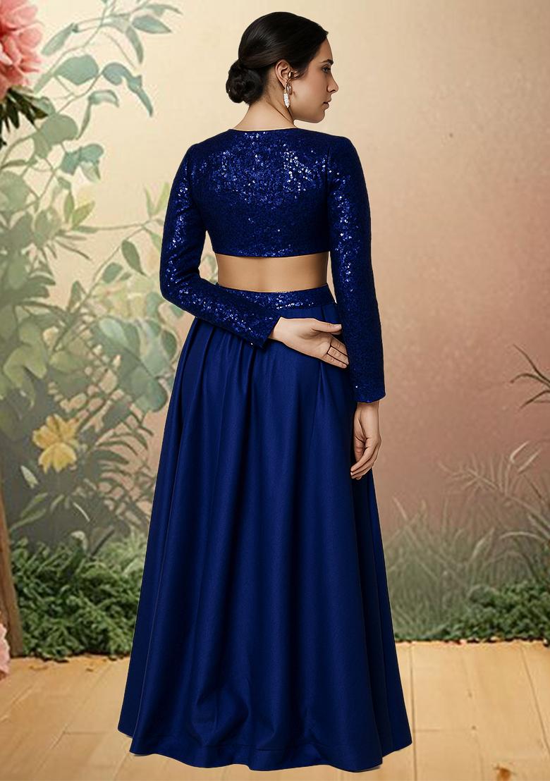 Blue Sequins Embroidery Net Skirt Set - Indya