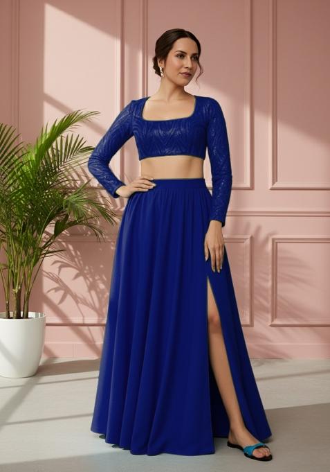 Dark Blue Sequins Embroidery Net Skirt Set
