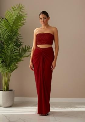 Maroon Sequins Embroidery Net Fusion Set
