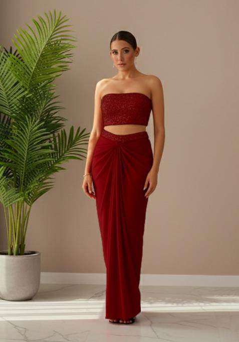 Maroon Sequins Embroidery Net Fusion Set