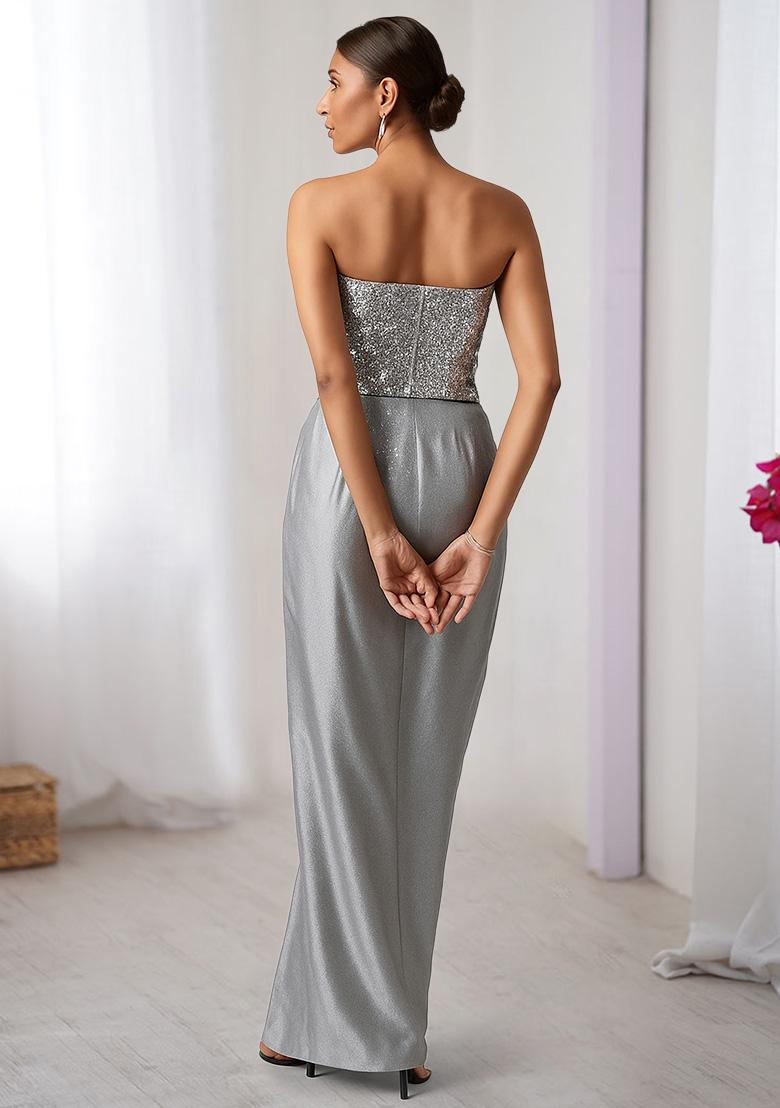 Silver Sequins Embroidery Net Fusion Set - Indya