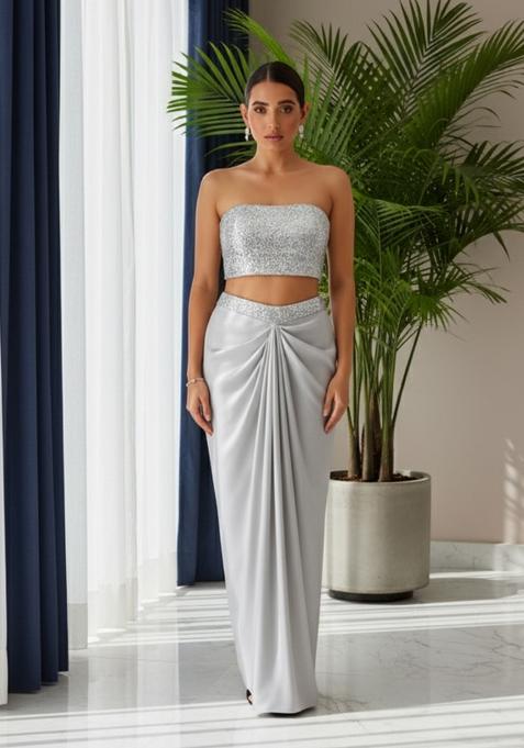 Grey Sequins Embroidery Net Fusion Set