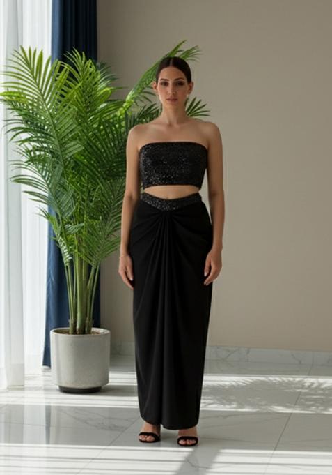 Black Sequins Embroidery Net Fusion Set
