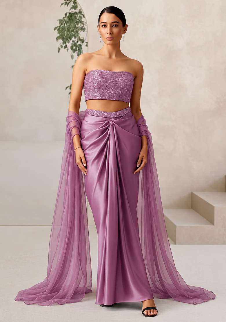 Lavender Net Fusion Set with Embroidery & Sequins for Diwali | Wedding & Festive Wear - Indya