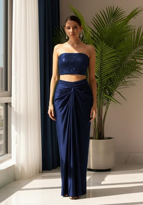 Dark Blue Sequins Embroidery Net Fusion Set
