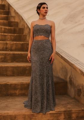 Grey Embroidery Net Skirt Set