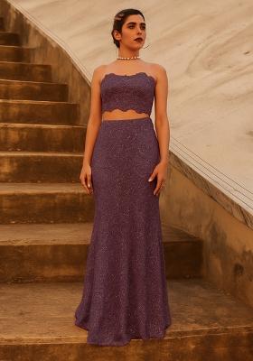 Purple Embroidery Net Skirt Set