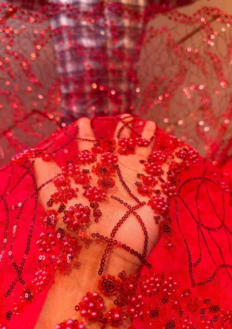 Red Embroidery Net Skirt Set - Indya