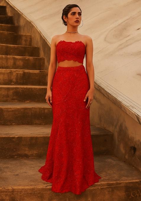 Red Embroidery Net Skirt Set