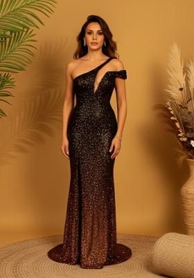 Brown Sequins Embroidery Net Gown