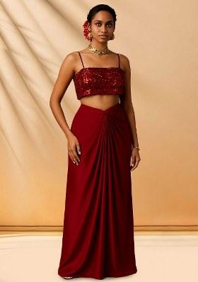 Maroon Sequins Embroidery Net Skirt Set