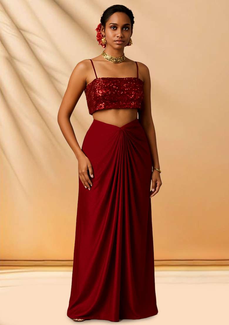 Maroon Sequins Embroidery Net Skirt Set for Diwali and Festive Wear - Indya