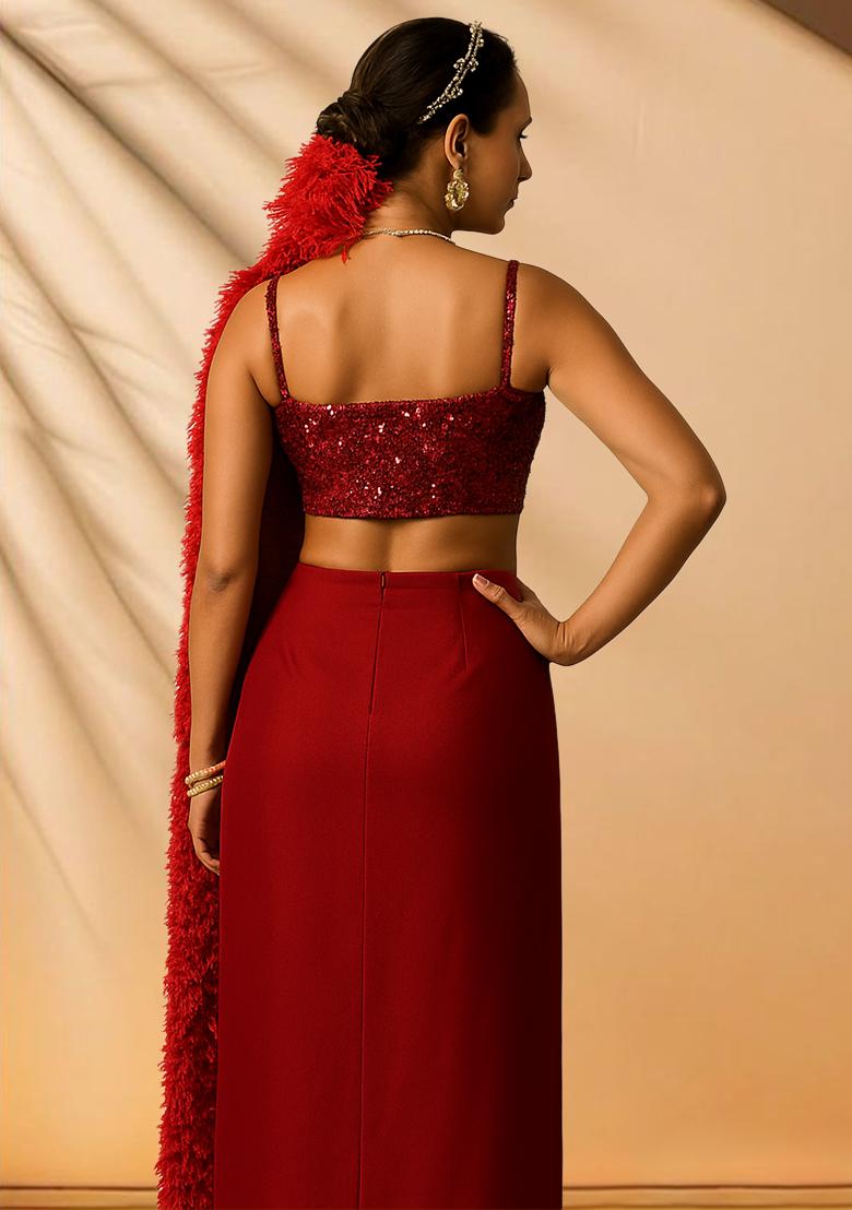 Maroon Sequins Embroidery Net Skirt Set - Indya