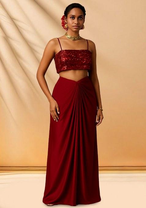 Maroon Sequins Embroidery Net Skirt Set