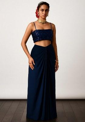Blue Sequins Embroidery Net Skirt Set