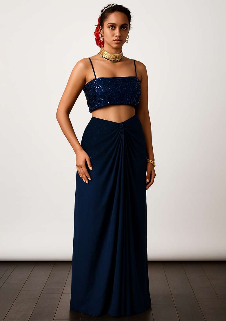 Blue Net Skirt Set with Embroidery & Sequins for Diwali | Wedding & Festive Wear - Indya