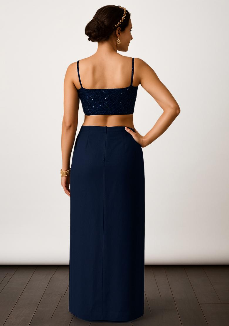 Blue Sequins Embroidery Net Skirt Set - Indya