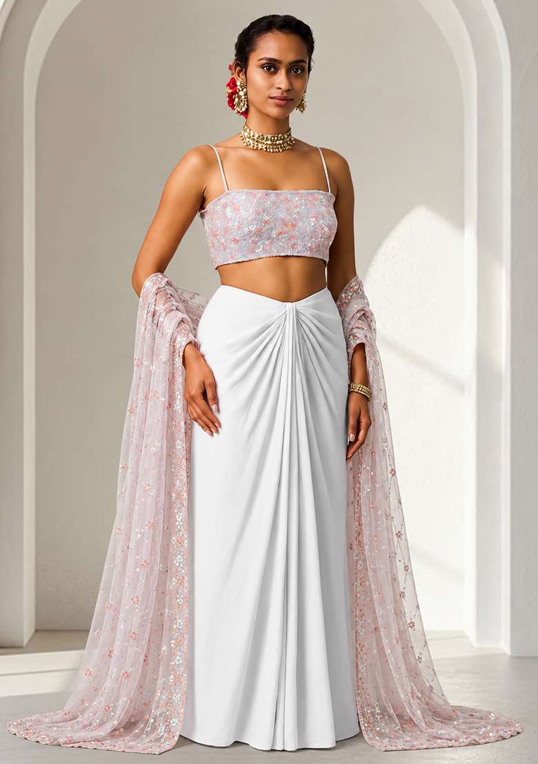 White Net Skirt Set with Embroidery & Sequins for Diwali | Wedding & Festive Wear - Indya