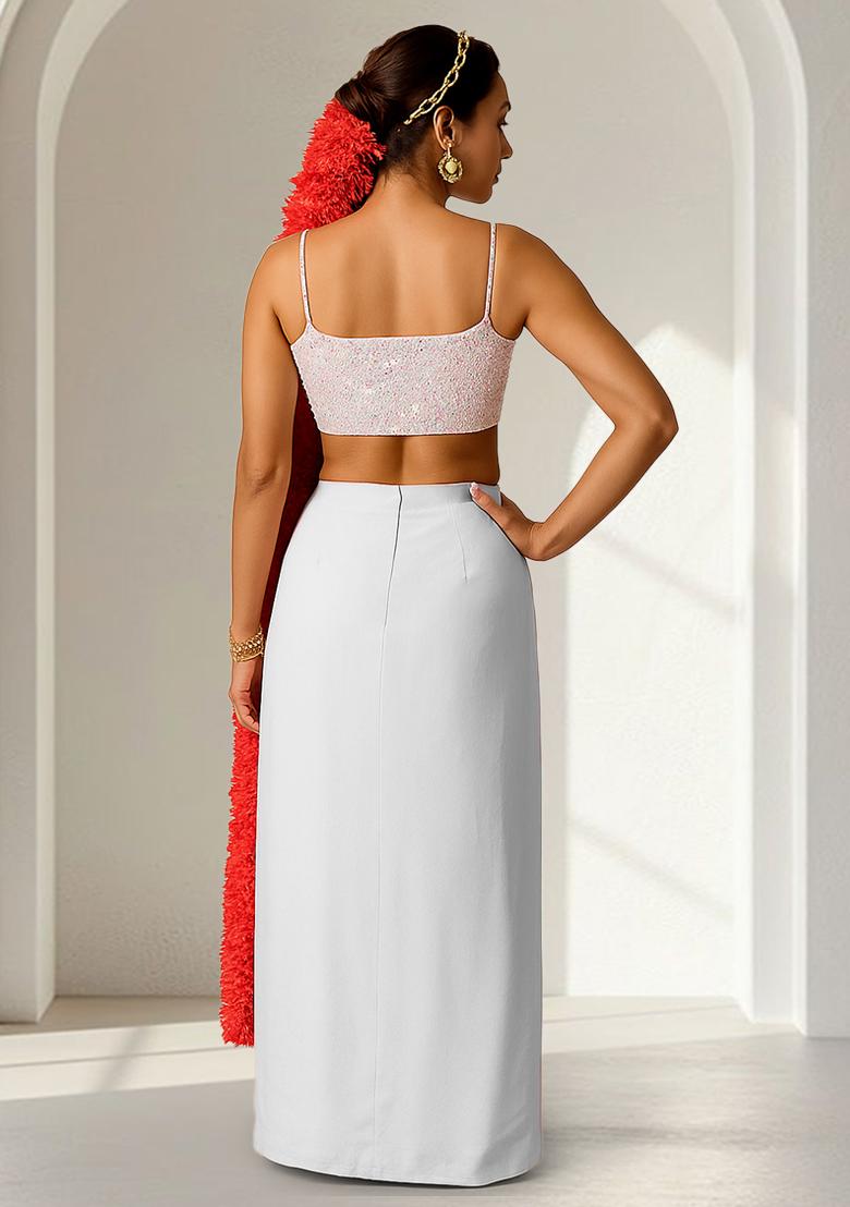 White Sequins Embroidery Net Skirt Set - Indya