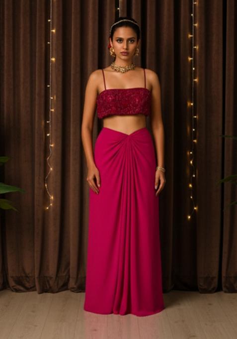 Pink Sequins Embroidery Net Skirt Set