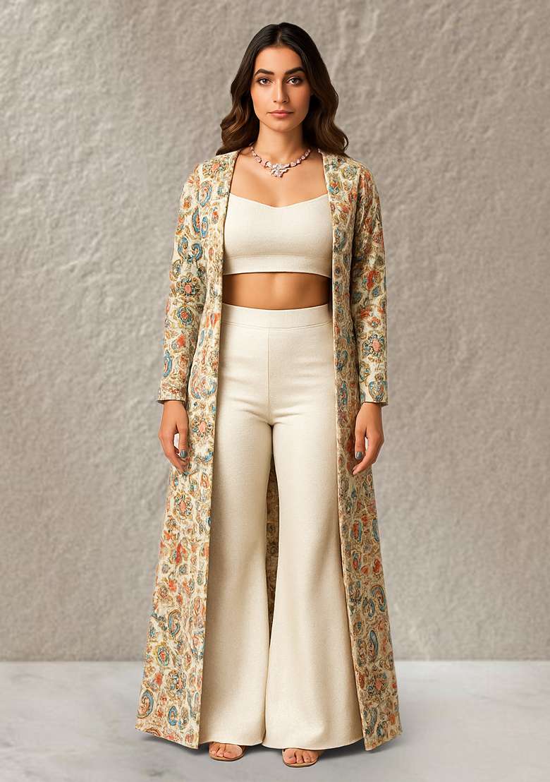 Multicolour Embroidered Crepe Fusion Set - Indya