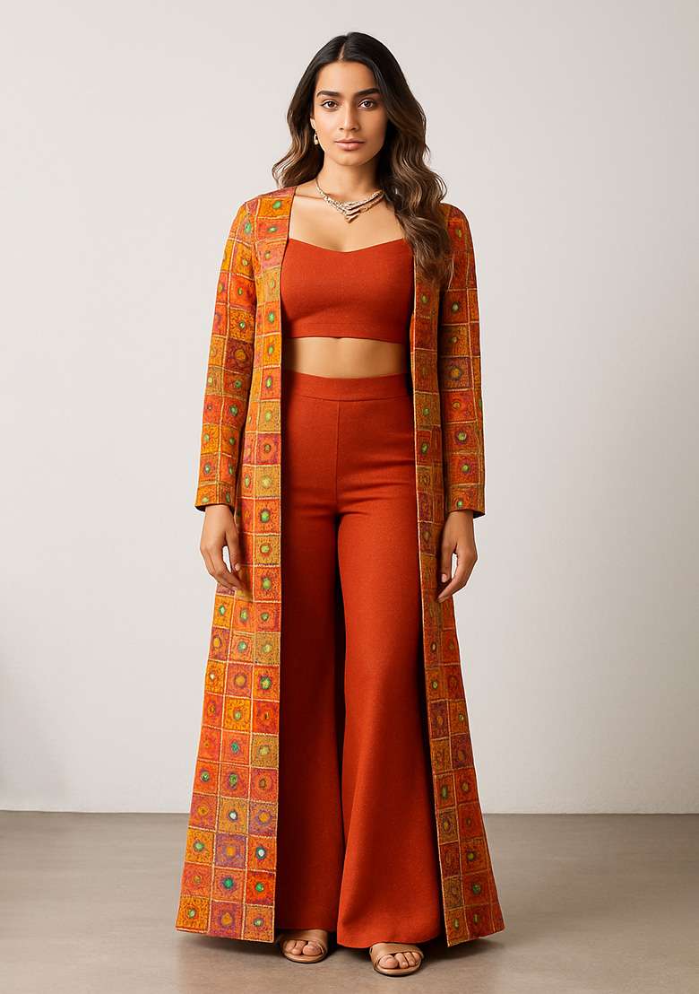 Red Silk Printed Fusion Set - Indya