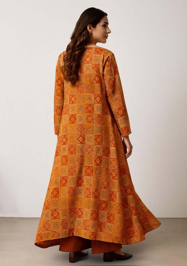 Red Silk Printed Fusion Set - Indya