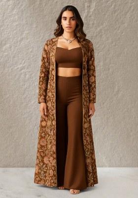 Brown Floral Print Crepe Fusion Set